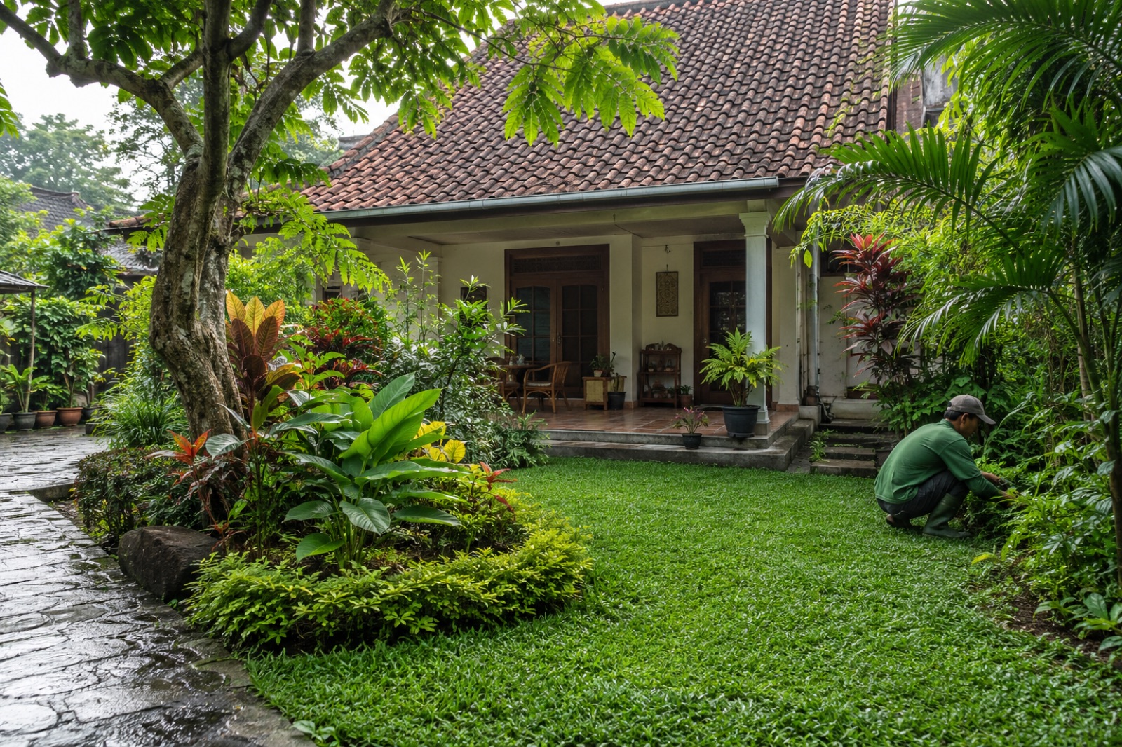 Taman tropis terawat di depan rumah dengan petugas sedang bekerja